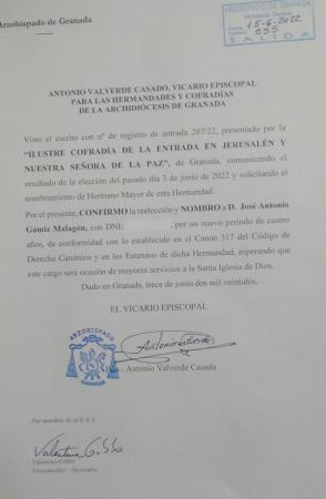 Cofradía Borriquilla Granada: RATIFICACIÓN DEL HERMANO MAYOR TRAS LAS ELECCIONES EL 3 DE JUNIO DEL 2022