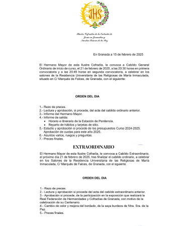 Cofradía Borriquilla Granada: CABILDO ORDINARIO Y EXTRAORDINARIO MES DE FEBRERO